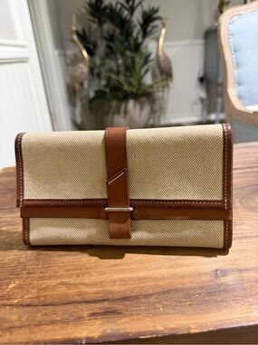 Hermes Beige Canvas and Brown Leather Fold Wallet